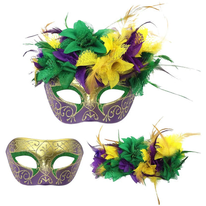 Bandanas de carnaval, roxo, amarelo, verde, penas falsas, para carnaval e máscara