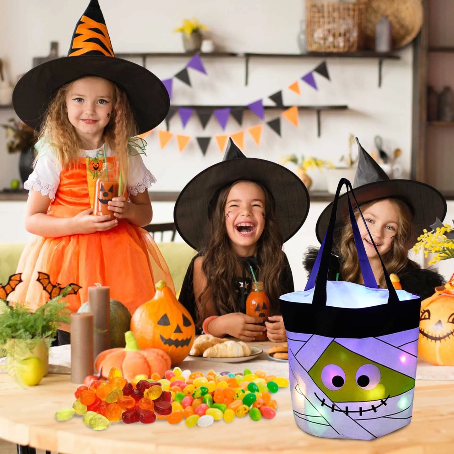 Cesta Dobrável Halloween 1 peças de luz de LED, sacos de doces ou travessuras Halloween