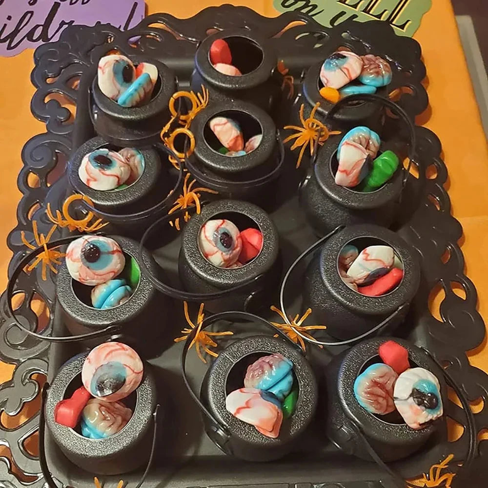 Mini caldeirão de plástico a granel com alça, 12 peças, caldeirão preto, 5 x 7 cm, balde