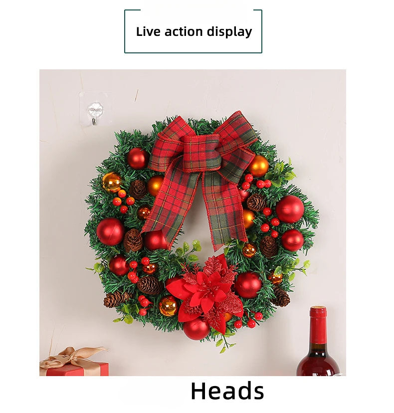 Guirlanda de Natal iluminada de 37,5 cm com grande laço xadrez de búfalo, pinhas e frutas