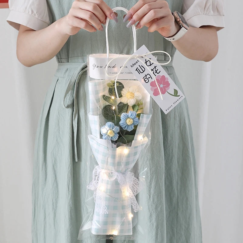 Kit completo de buquê de crochê de LED feito à mão, buquê de crochê, flor folhada falsa