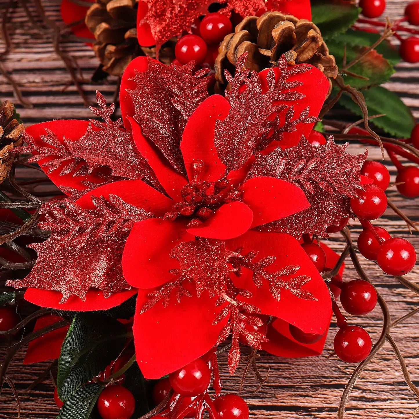 Flores Natal Glitter Artificial 5/10/20/30 peças de Poinsétia de Flores de Natal e Purpurina