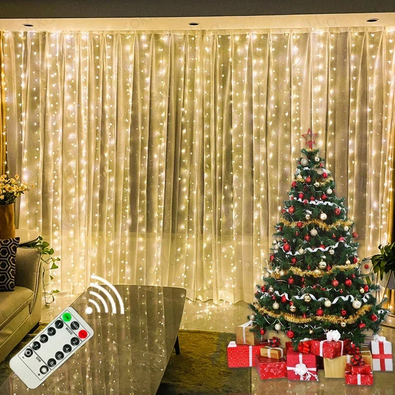 Cortina luz led pisca ou fixa 300 leds 3x3m Natal Festas Decorações USB  (Branco frio)