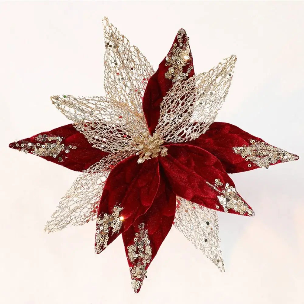 Flor Bico de Papagaio Natal Escolha Veludo Champanhe Glitter e Lantejoulas Luxo 29cm