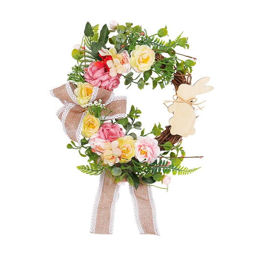 Guirlanda de coelho de Páscoa com flores artificiais de laço, guirlanda floral para decoração