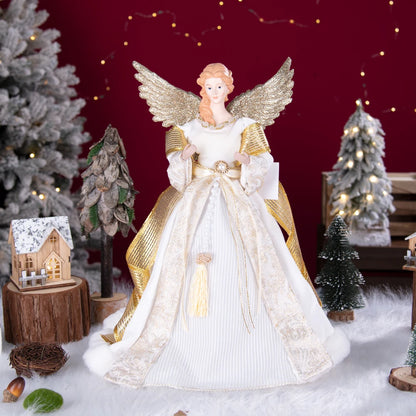 Enfeite de árvore de anjo de Natal asas douradas, elegante estatueta anjo vestido verde