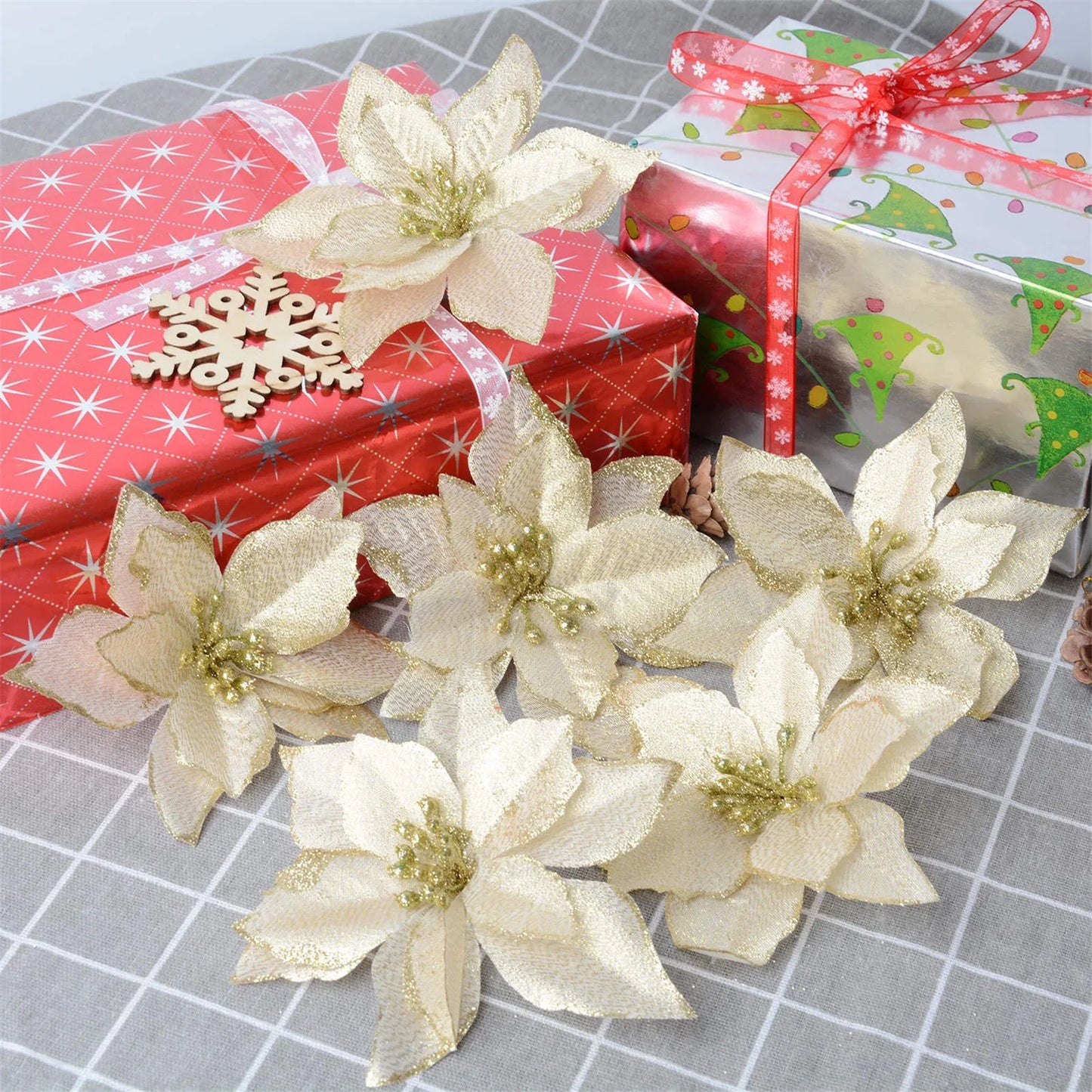 Glitter artificial flores de natal 24 peças grinaldas de árvore de natal