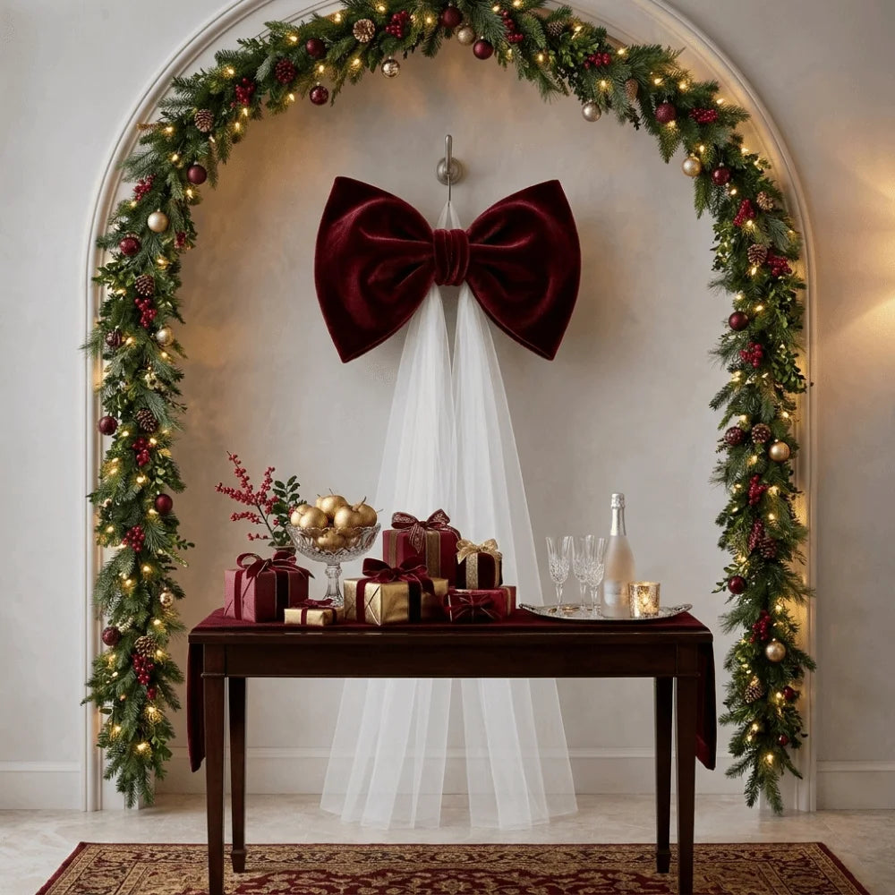 Laço de Veludo com Cauda Longa em Tule/Organza, Ornamento para Árvore de Natal e Shopping