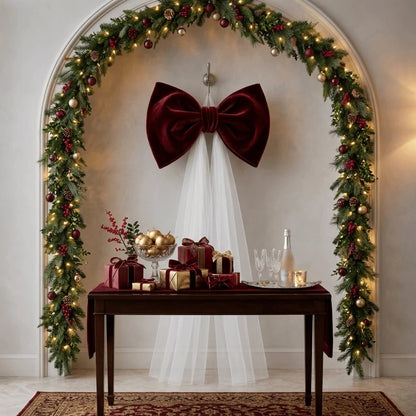 Laço de Veludo com Cauda Longa em Tule/Organza, Ornamento para Árvore de Natal e Shopping