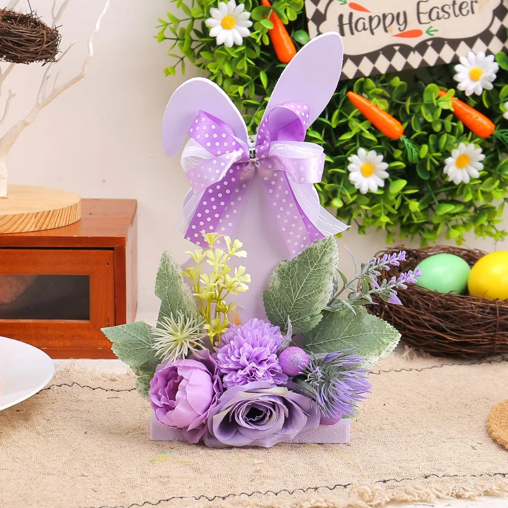 Placa Coelho Páscoa decorativa de mesa em madeira com laço em formato flor decoração