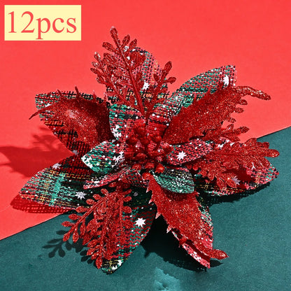 Flor de Poinsétia Artificial Xadrez para decoração de Natal, Tamanho: Cerca de 14 cm a 14,5 cm de largura.