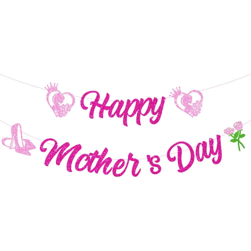 Feliz Dia das Mães Banner Decorações - Sinal de Guirlanda de Mães com Glitter Rosa Banner