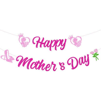 Feliz Dia das Mães Banner Decorações - Sinal de Guirlanda de Mães com Glitter Rosa Banner