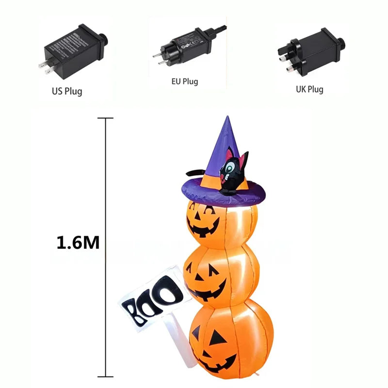 Infláveis de Halloween de 1.6cm, infláveis de abóbora empilháveis assustadoras gato preto