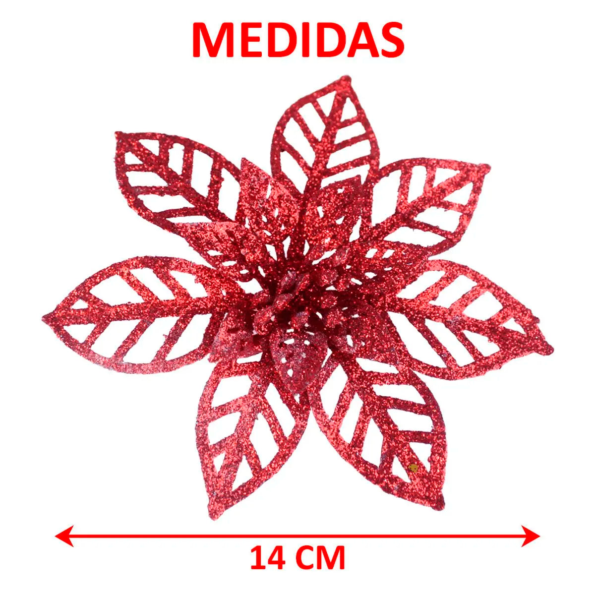 Flor Natalina Bico-de-Papagaio (Poinsétia) Vazada com Glitter Vermelha Kit 8 Flores