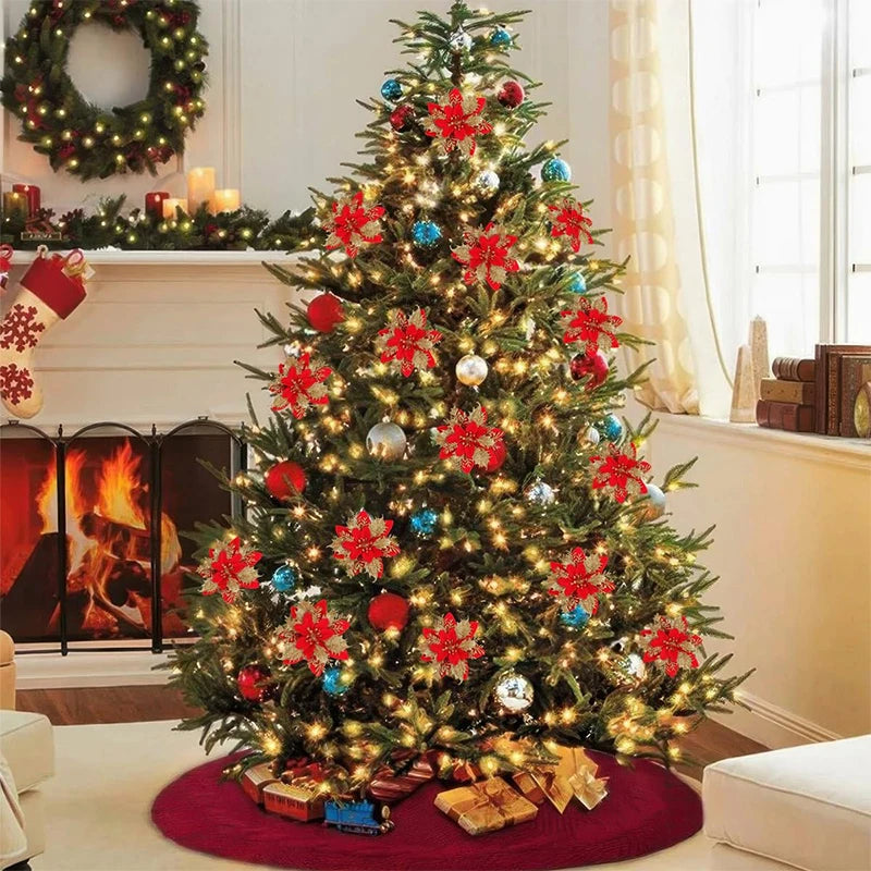 Flor de 5/10 Peças Poinsétia Artificial com Glitter e Enfeites de Natal para shopping