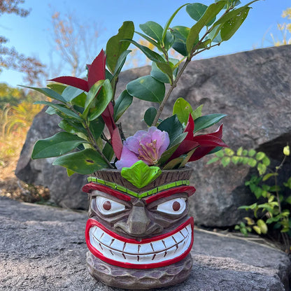 Engraçado Vaso pequeno de cabeça Tiki para interior, vaso de escultura de totem