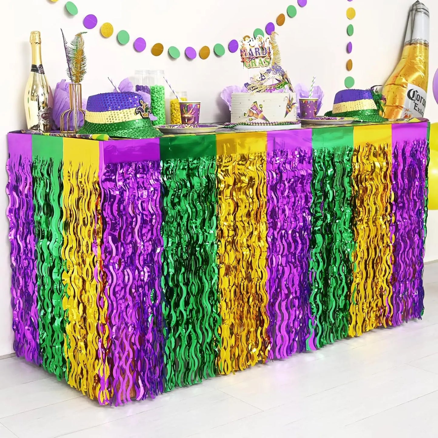 kit Carnaval Pacote com 1 saias de mesa com franjas metálicas Carnaval de 29,5 x 182 cm