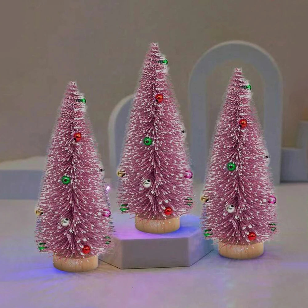 Árvores de Natal em Miniatura de Mesa - Pinheiro Artificial com Base de Madeira, Enfeite