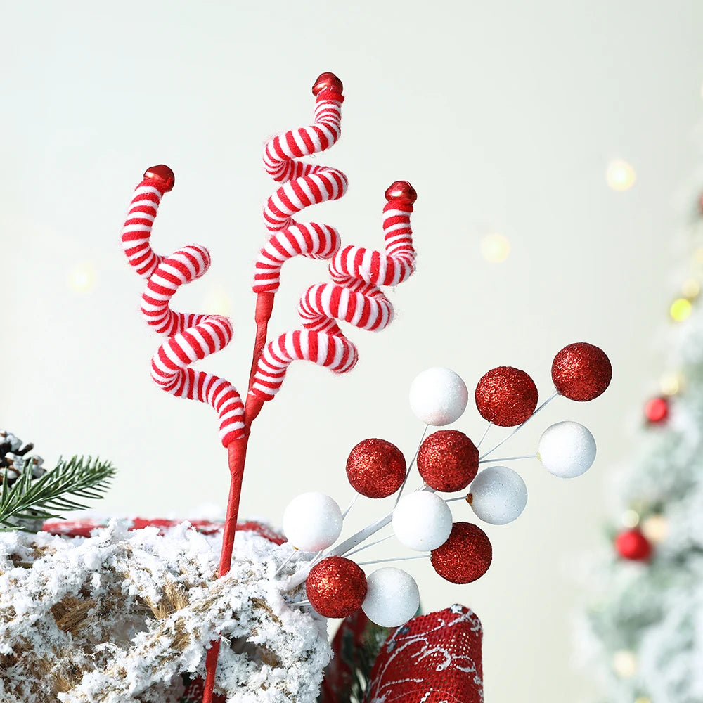 Buquê Bolas Listradas Natal, Palitos de Lã Vermelhos e Brancos, Lantejoulas para Árvore