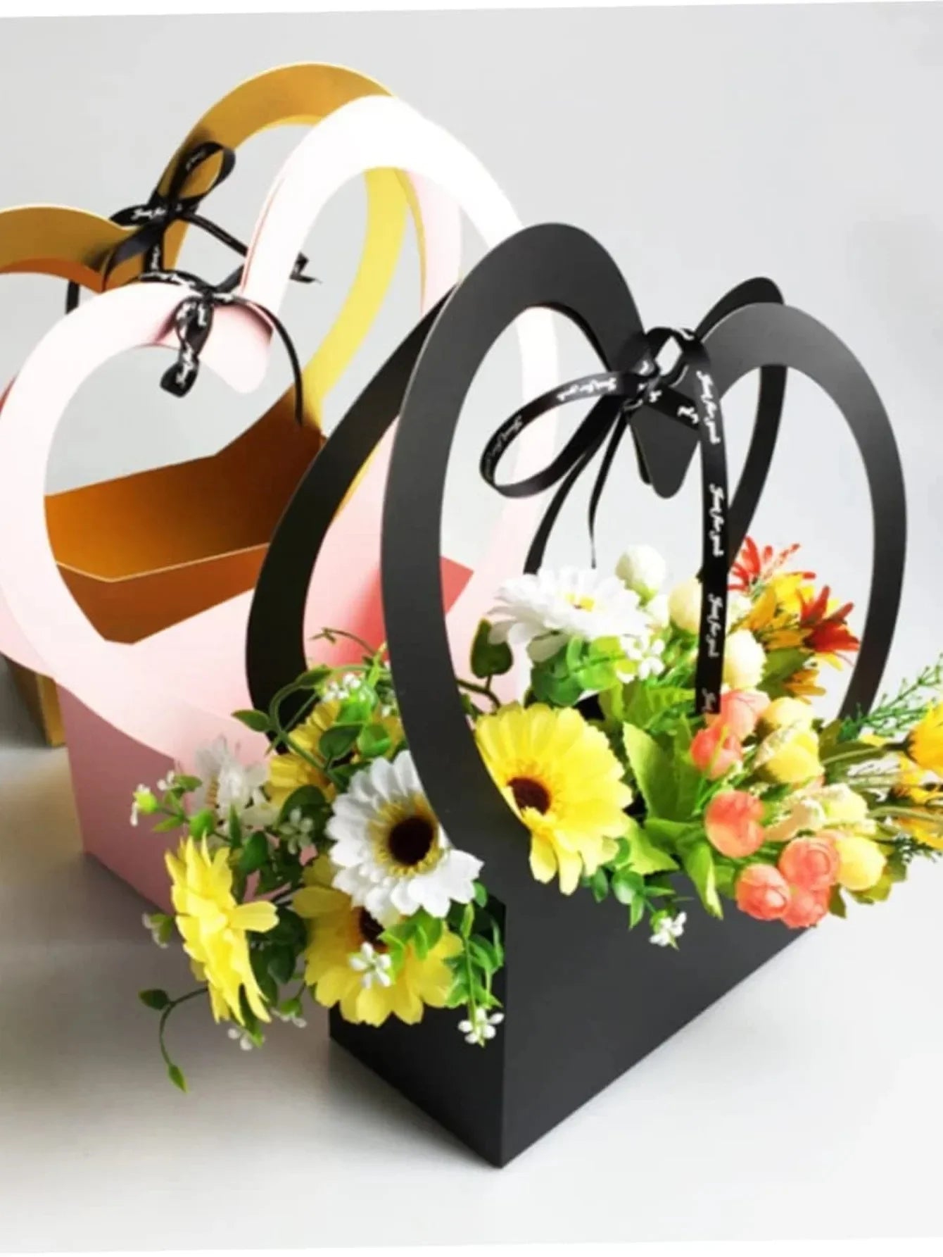 Sacola de flores amor conjunto de 10 peças cestos decorativos flores papelão dourados