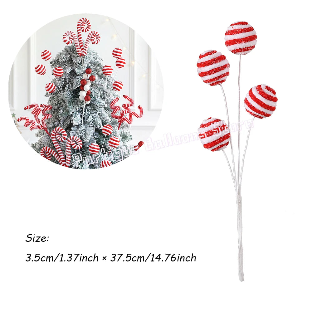 Buquê Bolas Listradas Natal, Palitos de Lã Vermelhos e Brancos, Lantejoulas para Árvore