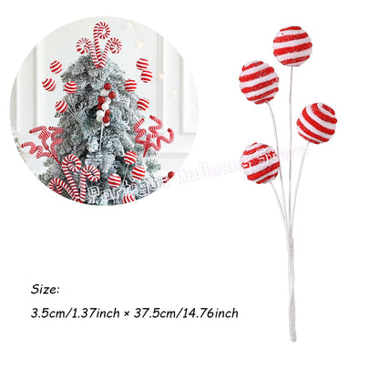 Buquê Bolas Listradas Natal, Palitos de Lã Vermelhos e Brancos, Lantejoulas para Árvore