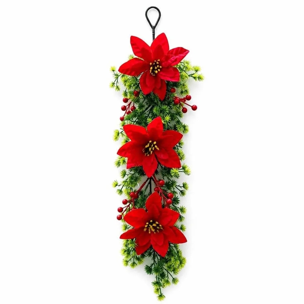 Enfeite é um Arranjo Pendente de Natal Artificial, Flores de Poinsétia Vermelho e Folhagem Pinheiro