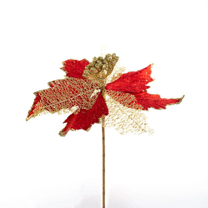 Artificial Brilho Natal Vermelho Kit 2 Flores Decoração Natal Artificial Brilho Vermelha 24cm