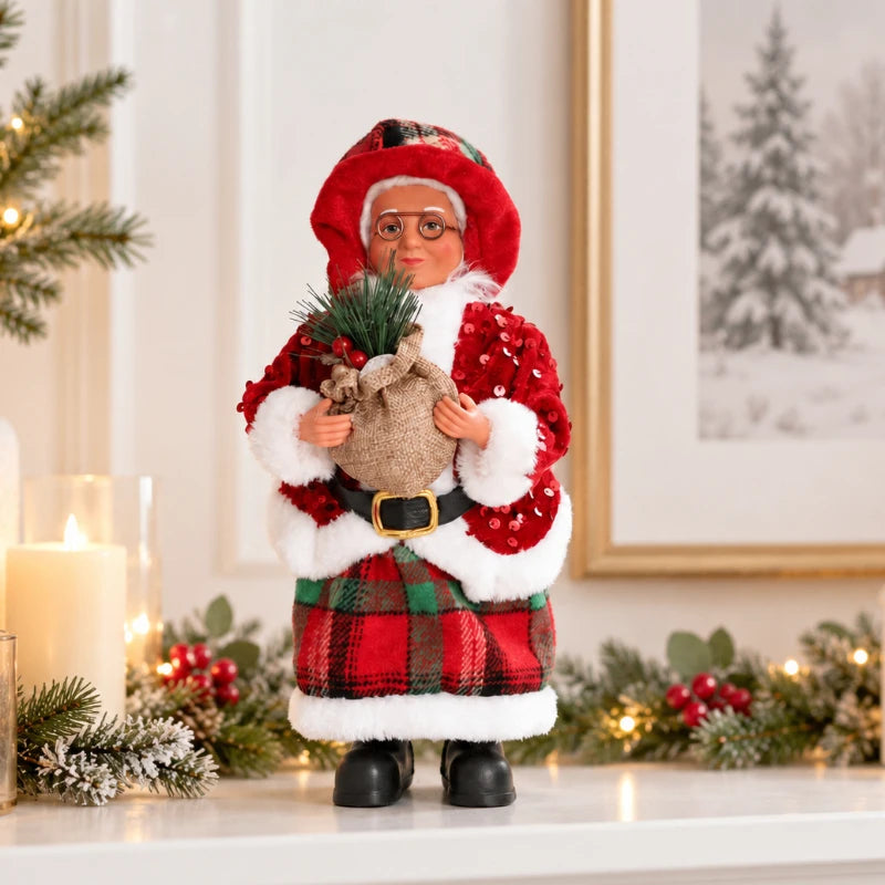 Mamãe Noel Decorativa de Mesa 30cm Roupas Xadrez e Saco Presentes, Enfeite de Natal Luxo 30cm Natalina
