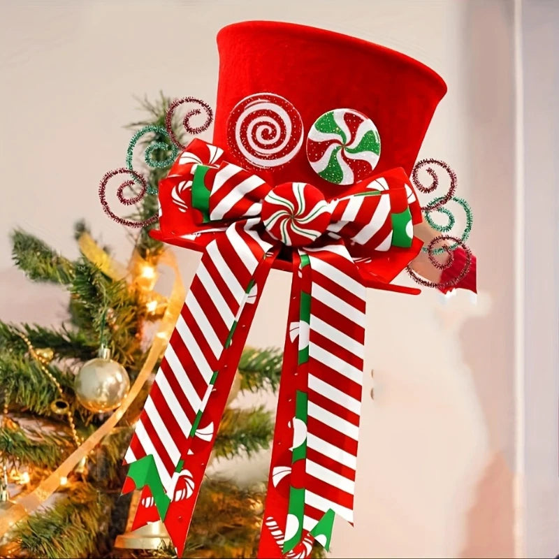 Ponteira Decorativa Árvore de Natal, Enfeite de Árvore Natalina Chapéu Vermelho com Bengalas
