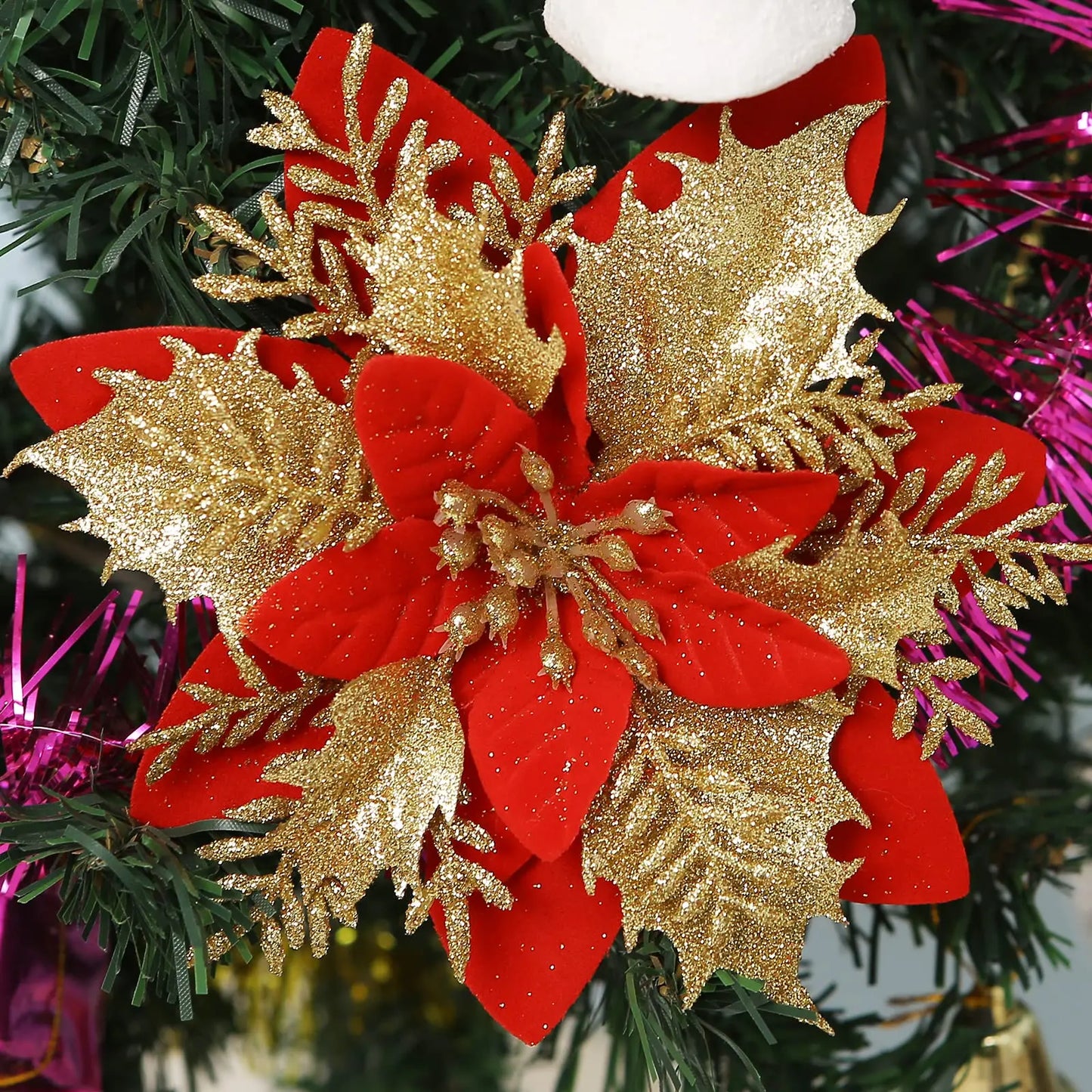 Flor Vermelha Natalina com Glitter  Flores Natal Artificiais Glitter de 14 cm, 5/10/20/50 Peças