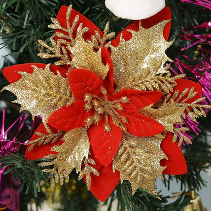 Flor Vermelha Natalina com Glitter  Flores Natal Artificiais Glitter de 14 cm, 5/10/20/50 Peças