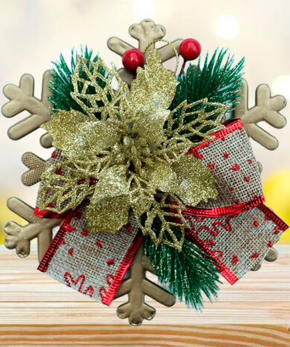 Enfeite Pendente Natalino Laço Arranjo Decoração Natal 15cm Flor Dourado Árvore Natal