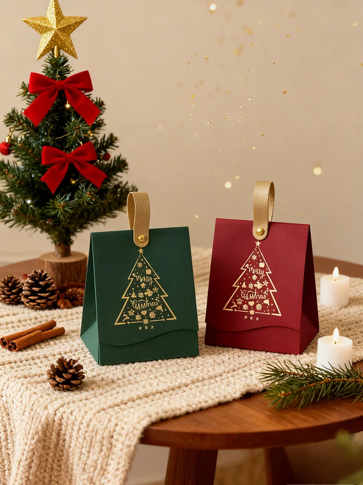 Caixas de Presente com Estampa de Árvore de Natal 12 Peças Alças de Couro Embalagem