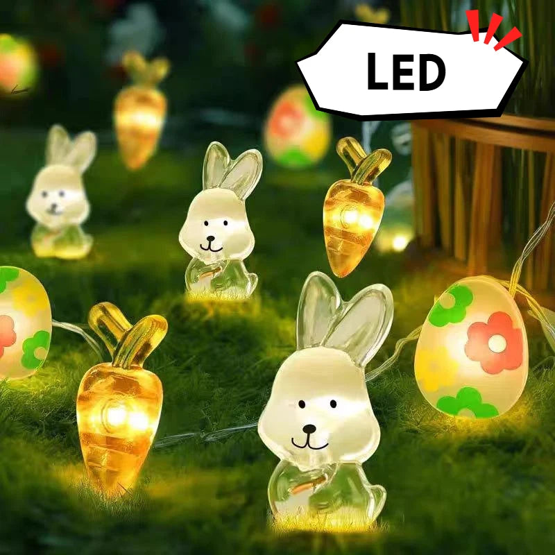 Cordão de Coelho LED Luzes de Páscoa, decorações de primavera de ovo coelho e cenoura