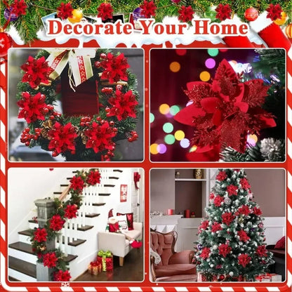 Flores Natal Glitter Artificial 5/10/20/30 peças de Poinsétia de Flores de Natal e Purpurina