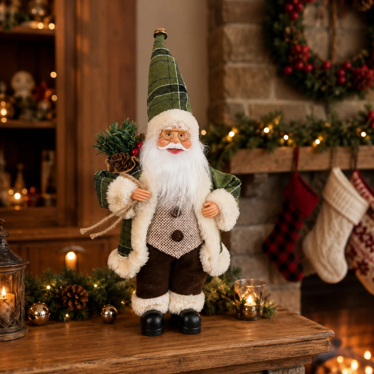 Papai Noel Decorativo de Mesa Verde com Pinheiro e Sacola Presente de 30cm*11.81 Pol.