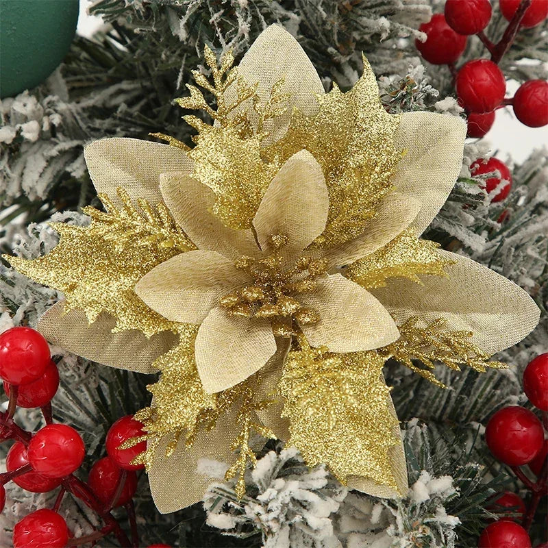 Flor de 5/10 Peças Poinsétia Artificial com Glitter e Enfeites de Natal para shopping