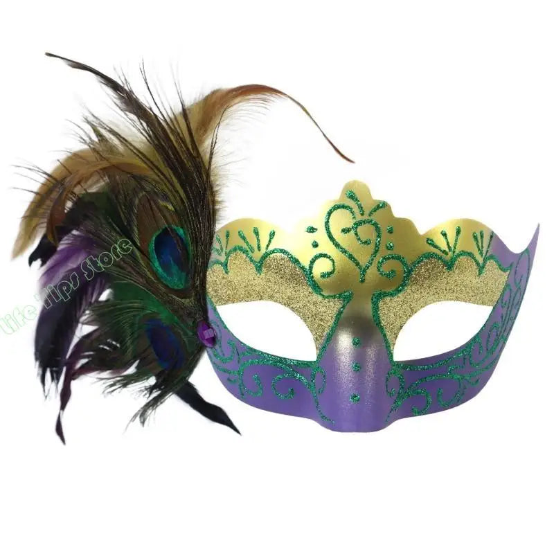 Máscara de Baile de Carnaval Estilo Veneziano Carnaval Enfeitada com Glitter nas Cores Verde, Dourado e Roxo