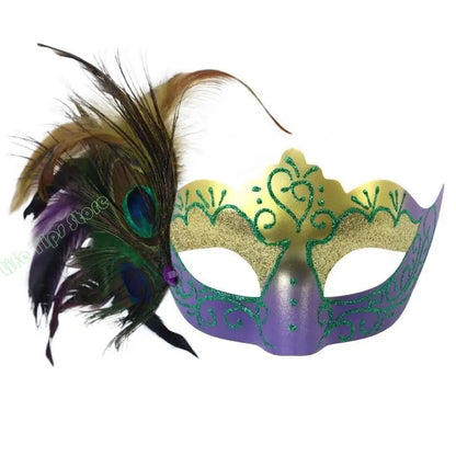 Máscara de Baile de Carnaval Estilo Veneziano Carnaval Enfeitada com Glitter nas Cores Verde, Dourado e Roxo