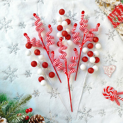 Buquê Bolas Listradas Natal, Palitos de Lã Vermelhos e Brancos, Lantejoulas para Árvore