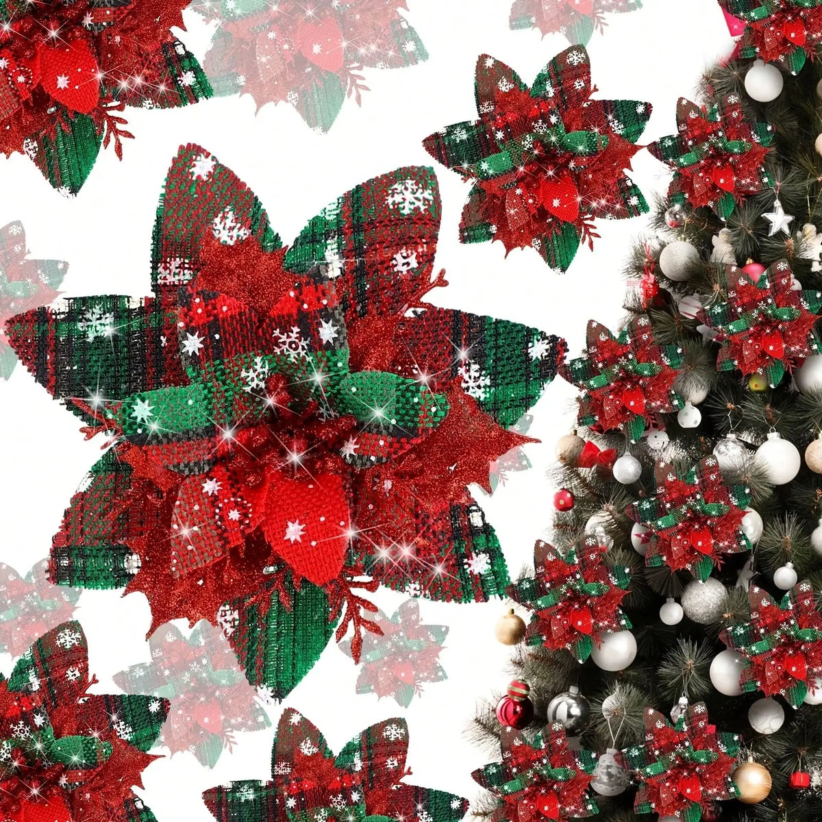 Flores de Natal Poinsétia Artificiais com Estampa Xadrez 6/10 peças Tamanho: 14cm*5.51 Pol.