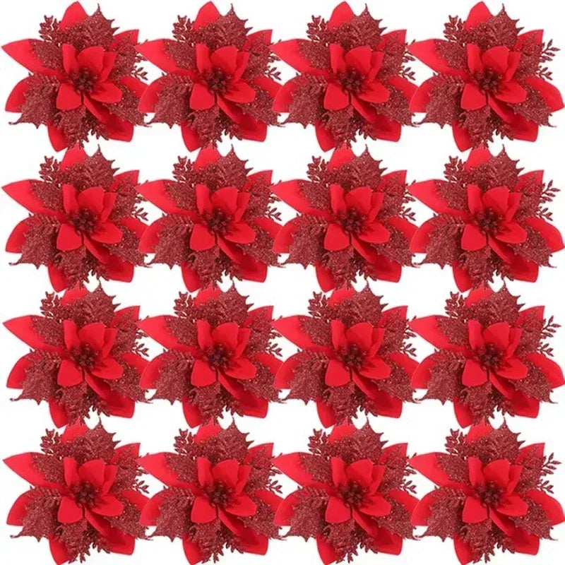 Flores Natal Glitter Artificial 5/10/20/30 peças de Poinsétia de Flores de Natal e Purpurina