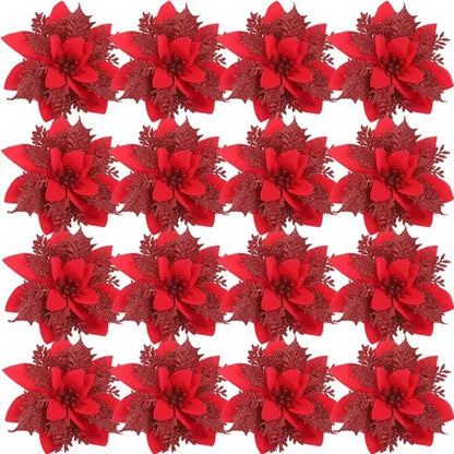 Flores Natal Glitter Artificial 5/10/20/30 peças de Poinsétia de Flores de Natal e Purpurina