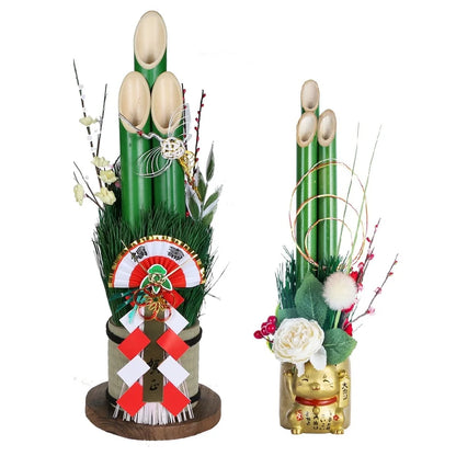 Vaso Três Tubos Leque Dourado com Placa de Madeira, Adorno de Mesa de Ano Novo Japonês (Kadomatsu)