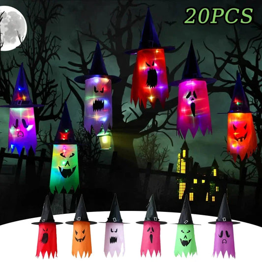 10 Peças de decoração suspensa de Halloween, chapéus de bruxa fantasma iluminados