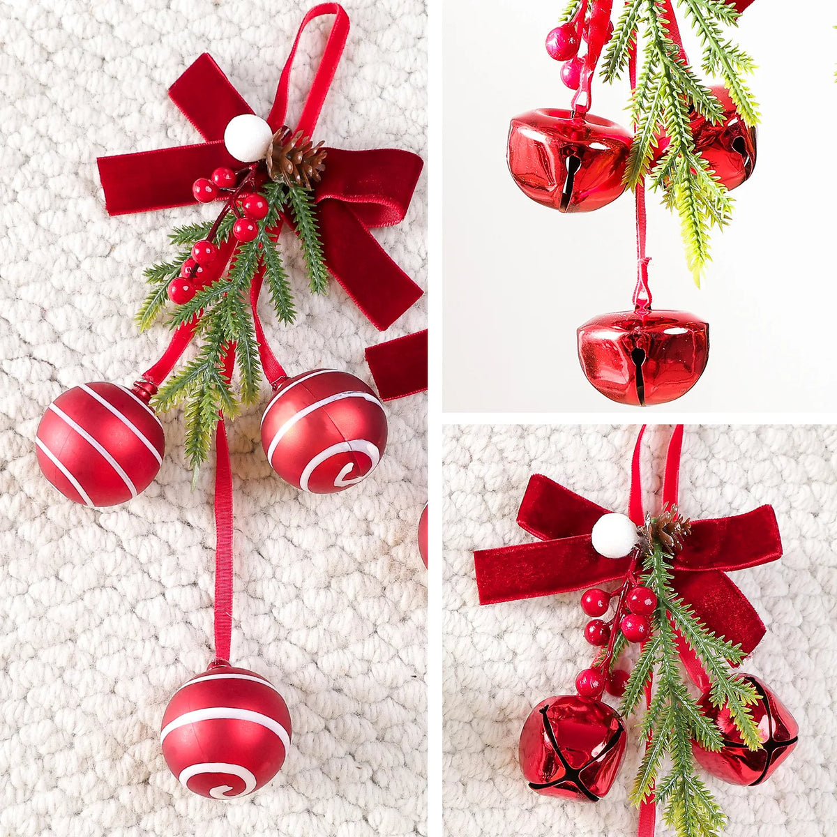 Sino de Natal com Bagas e Pinha, Enfeite Natalino de Pendurar com Laços e Bolas/Sinos