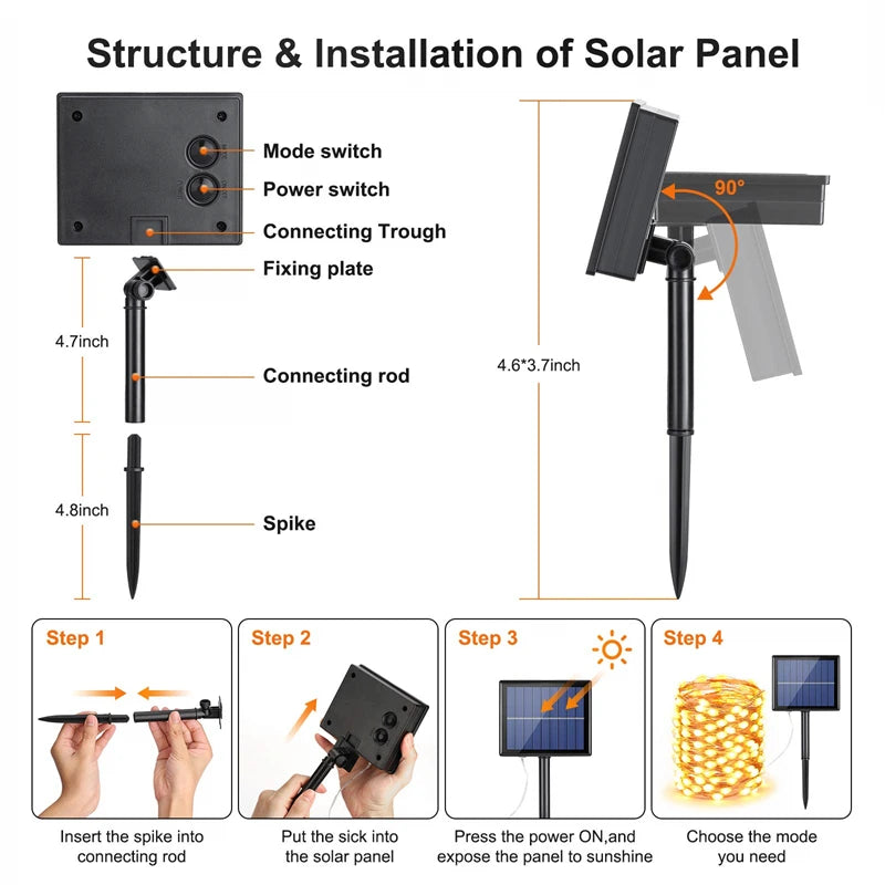 12M 100LED Luz Solar String Exterior À Prova D'água Para Jardins Festa