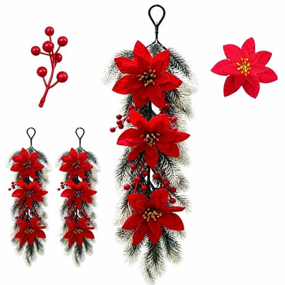 Enfeite é um Arranjo Pendente de Natal Artificial, Flores de Poinsétia Vermelho e Folhagem Pinheiro